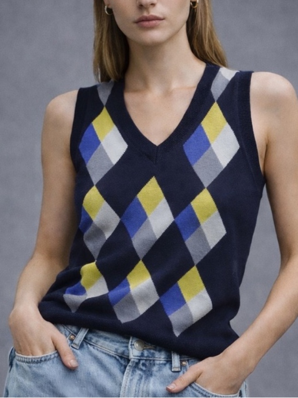 BANANA REPUBLIC Argyle Sweater Vest Cotton Blend Petite S